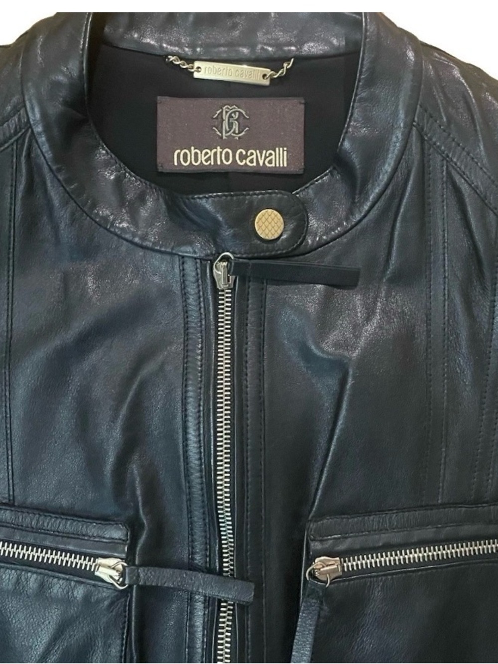 Roberto Cavalli Black Leather Zip-Up Biker Jacket